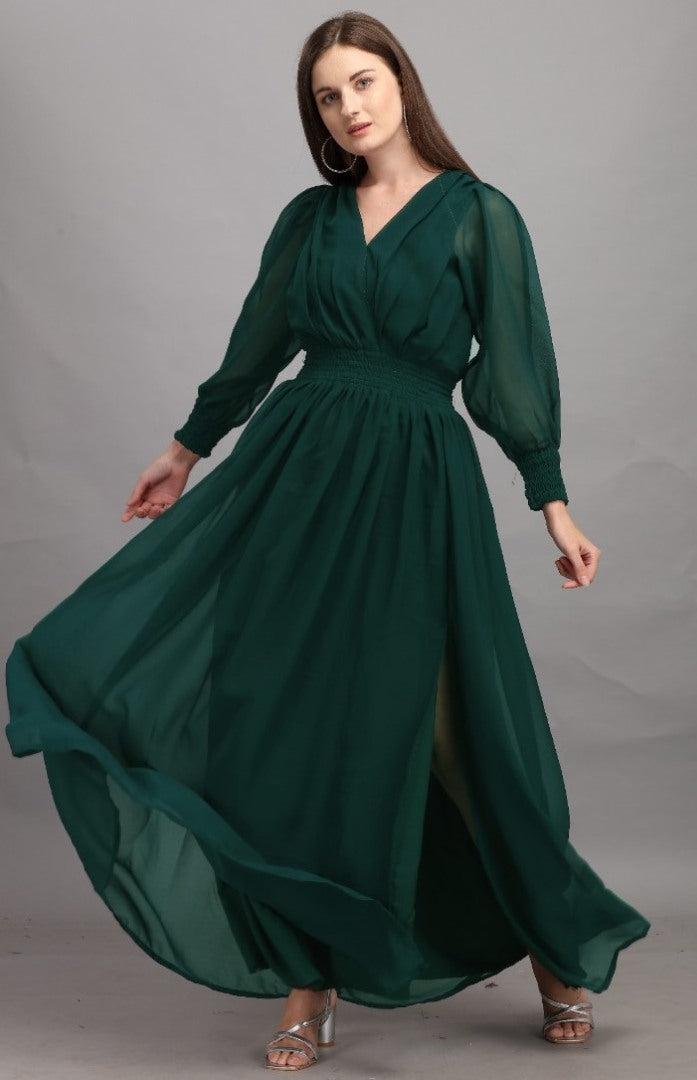 Green georgette plain gown