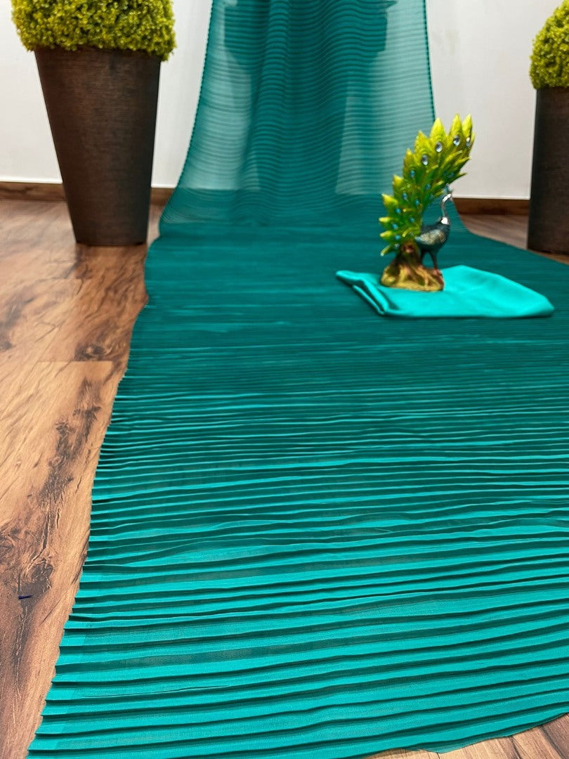 Green georgette pleated partywear saree