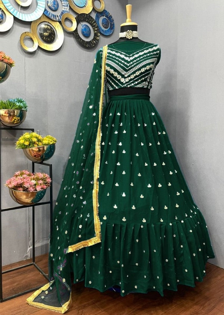 Green georgette thread sequence embroidery work partywear lehenga choli