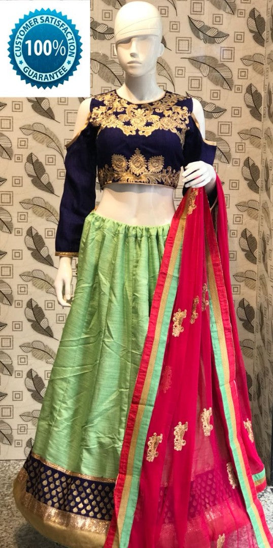 green goldi silk embroidered traditional lehenga choli for navaratri festival