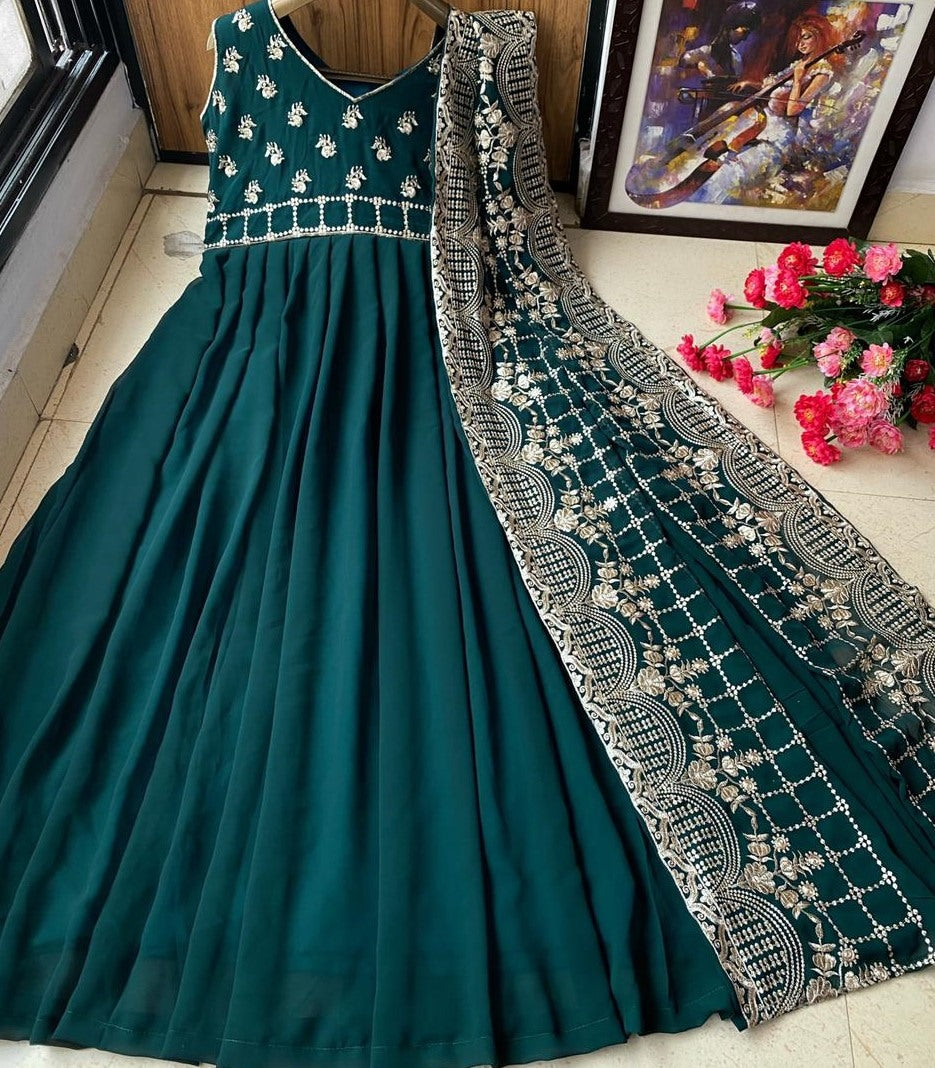 Green heavy georgette embroidered work designer gown