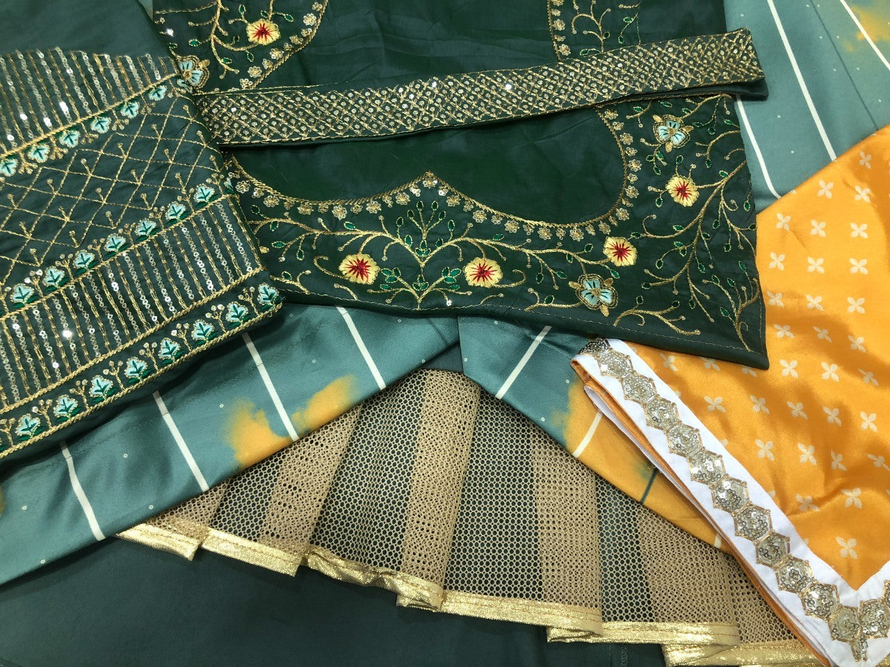 Green malai silk print and embroidered ceremonial lehenga choli