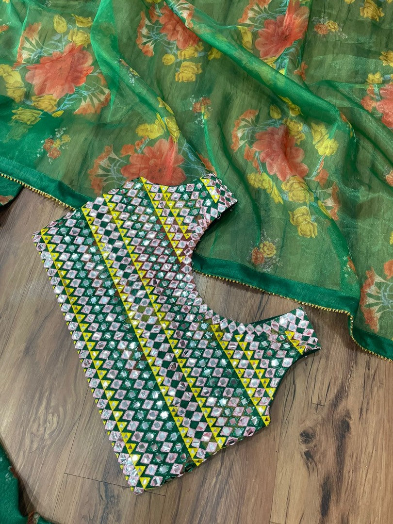 Green organza flower printed lehenga choli