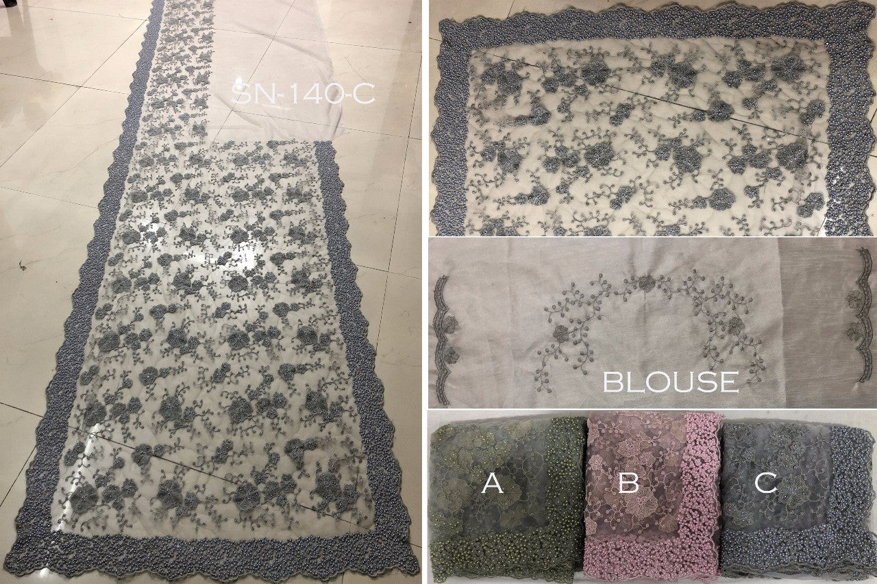 green pink and grey fancy thread work wedding wear saree