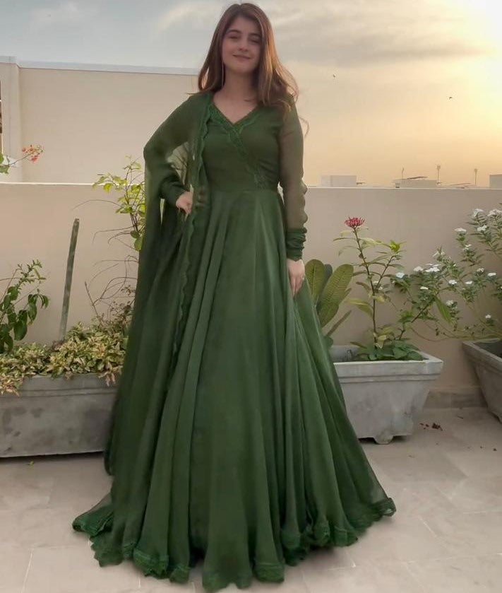Green plain party wear gown