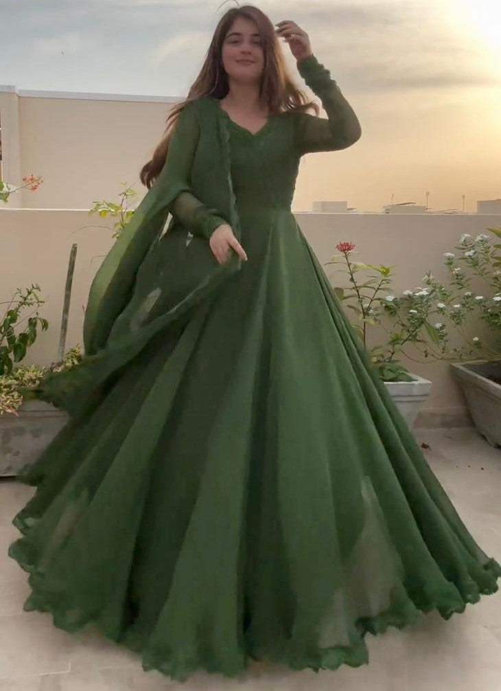 Green plain party wear gown