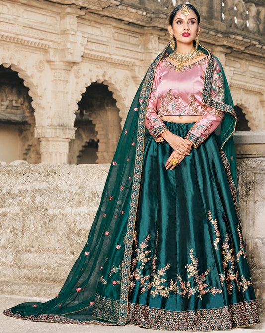 Green pure satin resham and pearl embroidered work wedding lehenga