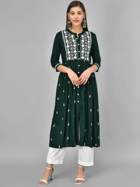 Green rayon chikankari work short kurti