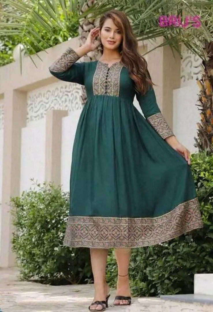 Green rayon printed anarkali kurti
