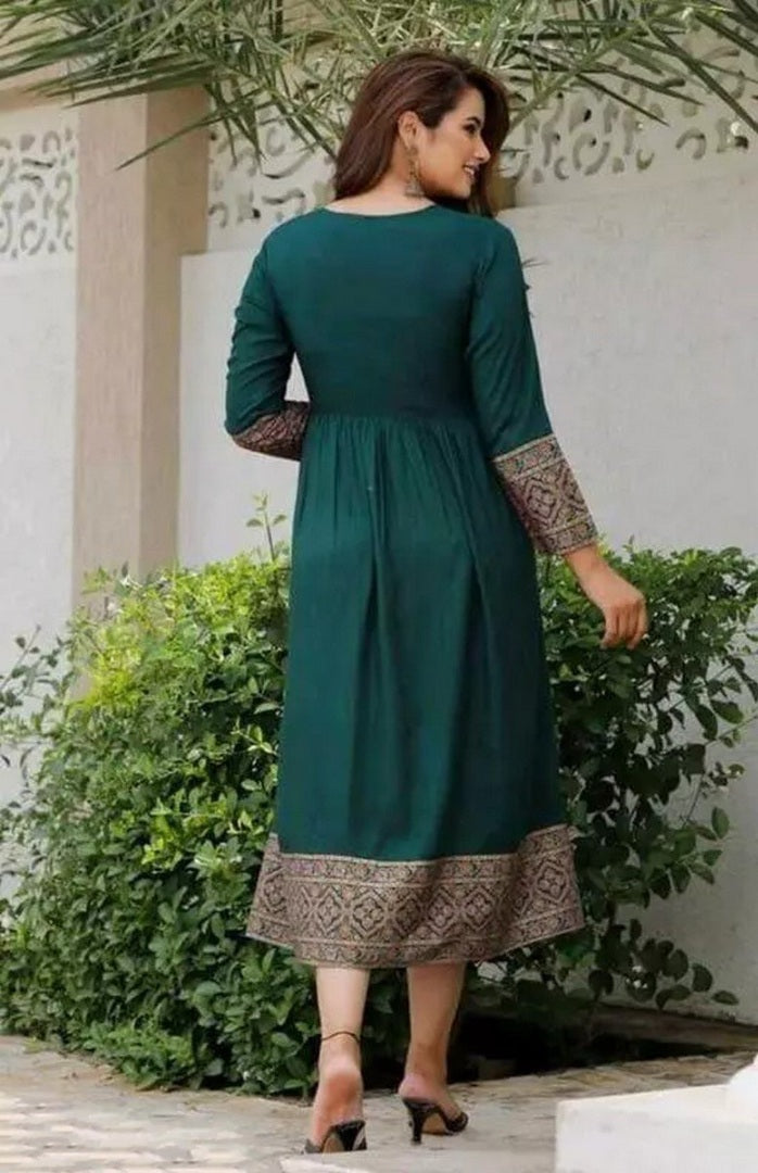 Green rayon printed anarkali kurti