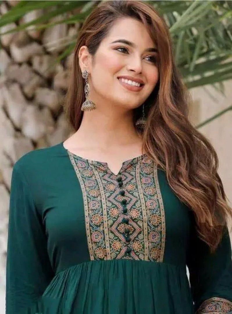 Green rayon printed anarkali kurti