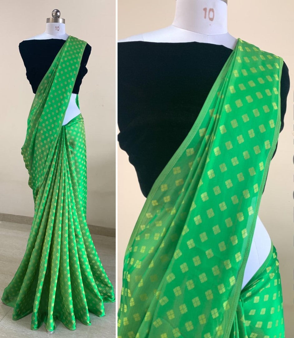 Green satin jacquard saree