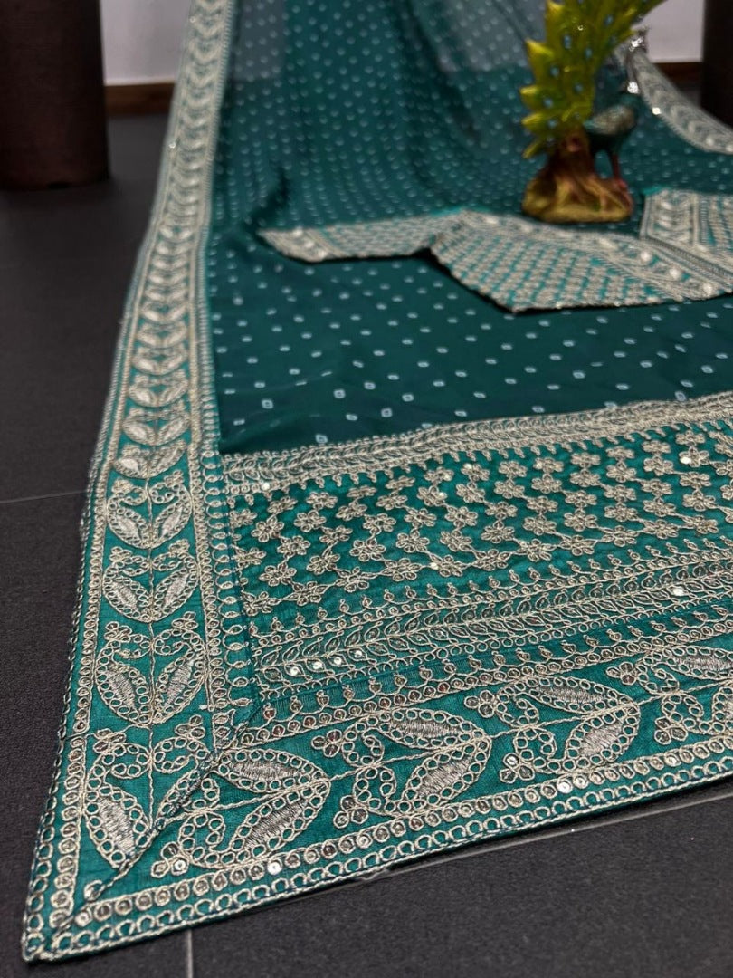 Green silk heavy embroidery work designer wedding saree