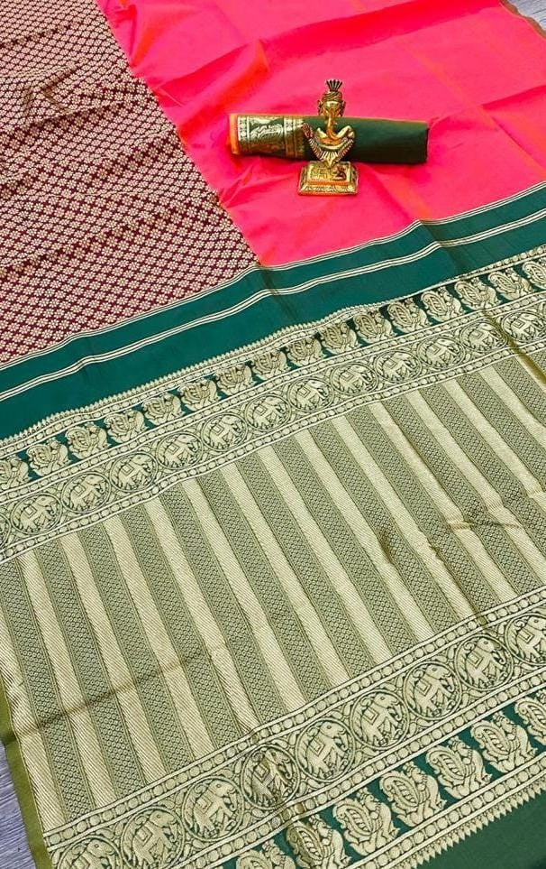 Green soft lichi silk jacquard weaving work ceremonial wear saree