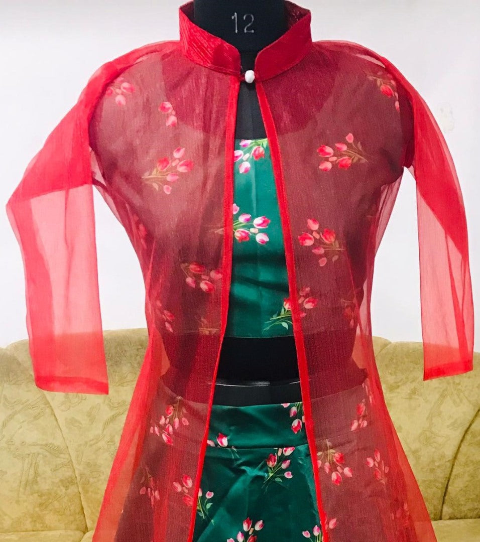 Green tapeta silk digital printed lehenga with red shrug