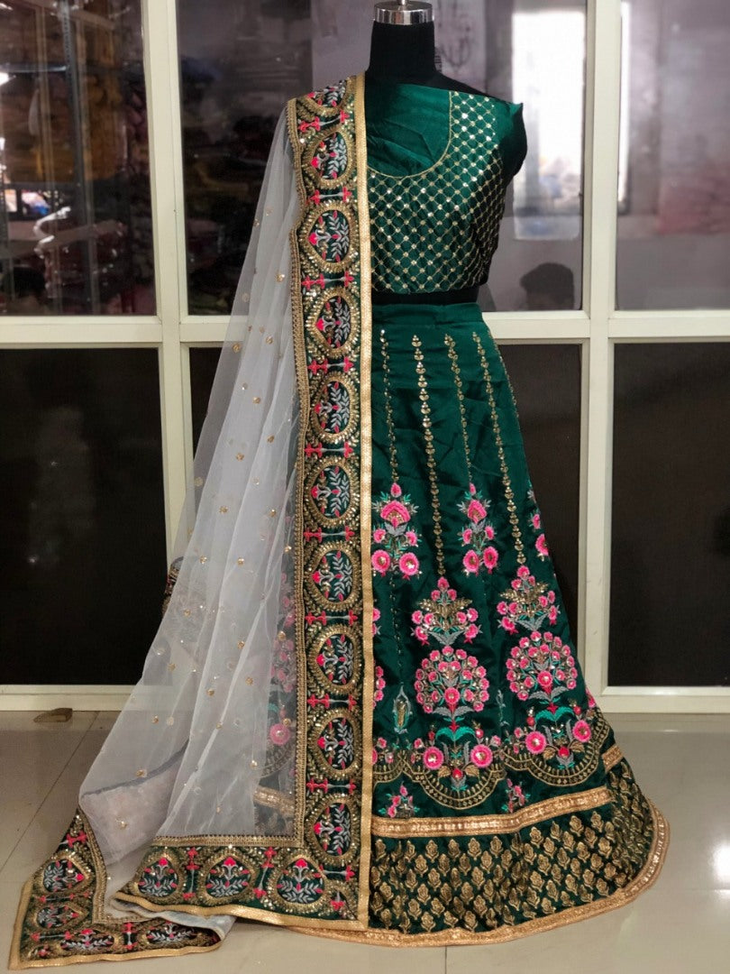 Green two tone soft satin silk heavy embroidered wedding lehenga