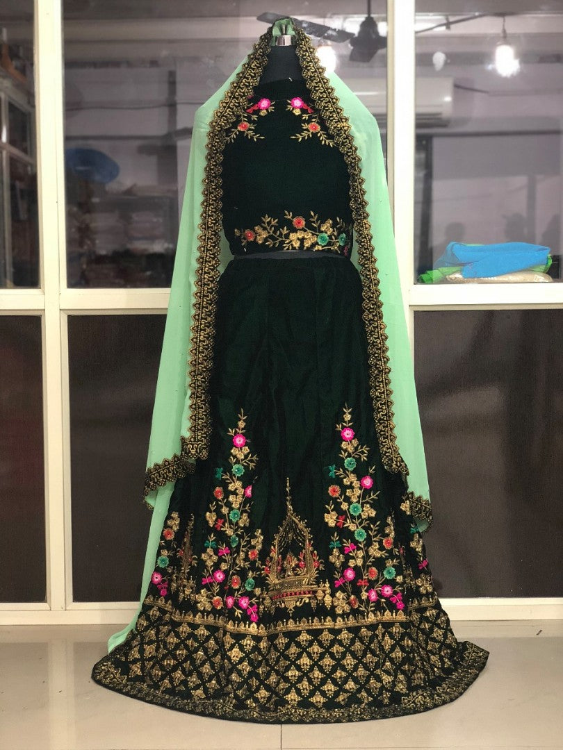 green velvet embroidered wedding lehenga