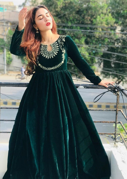 Green velvet embroidery work gown