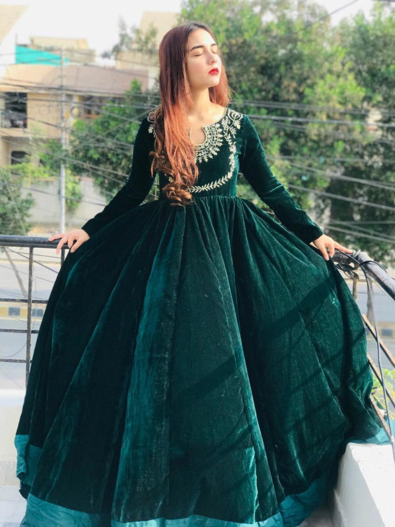 Green velvet embroidery work gown