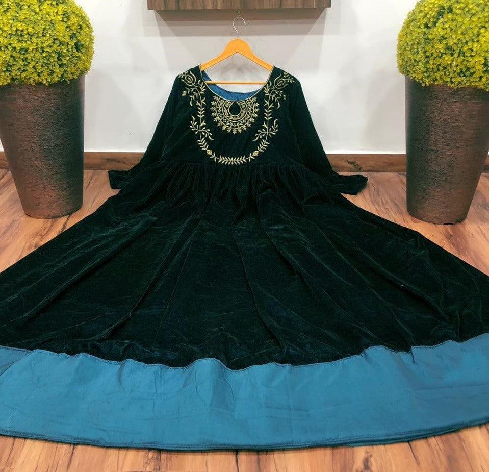 Green velvet embroidery work gown