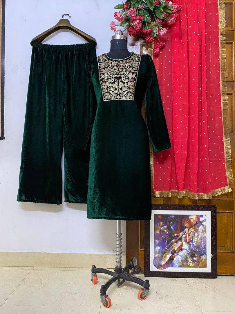 Green velvet embroidery worked plazzo suit