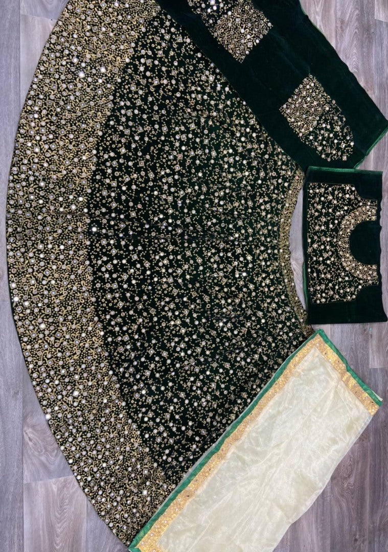 Green velvet heavy embroidered mirror work wedding lehenga choli