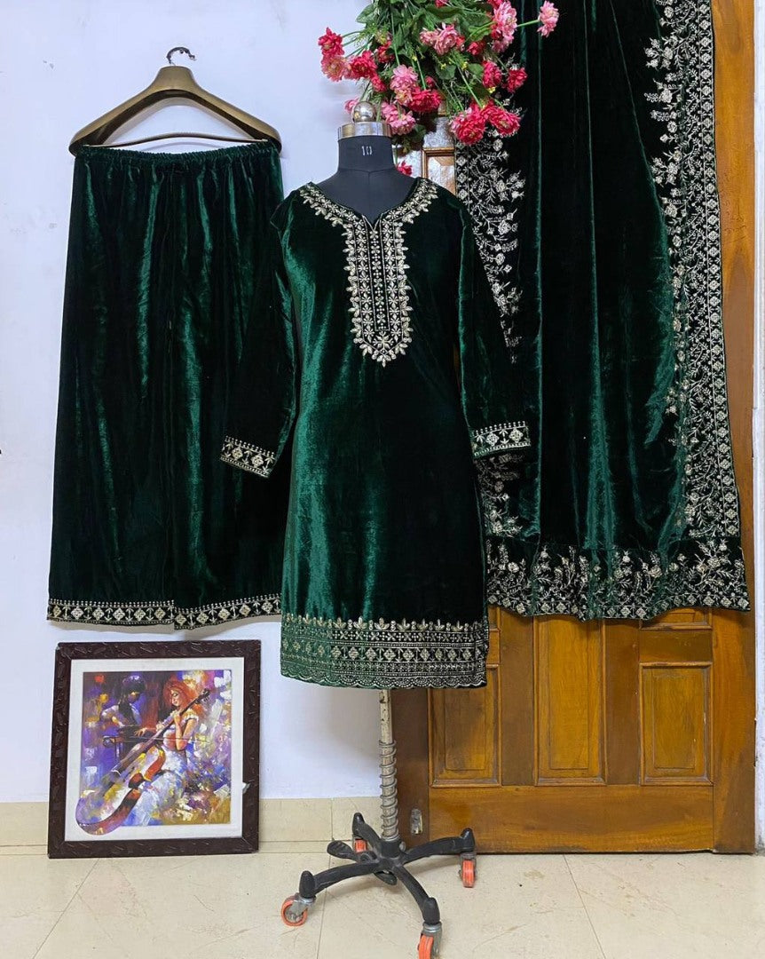 Green velvet heavy embroidery worked plazzo suit