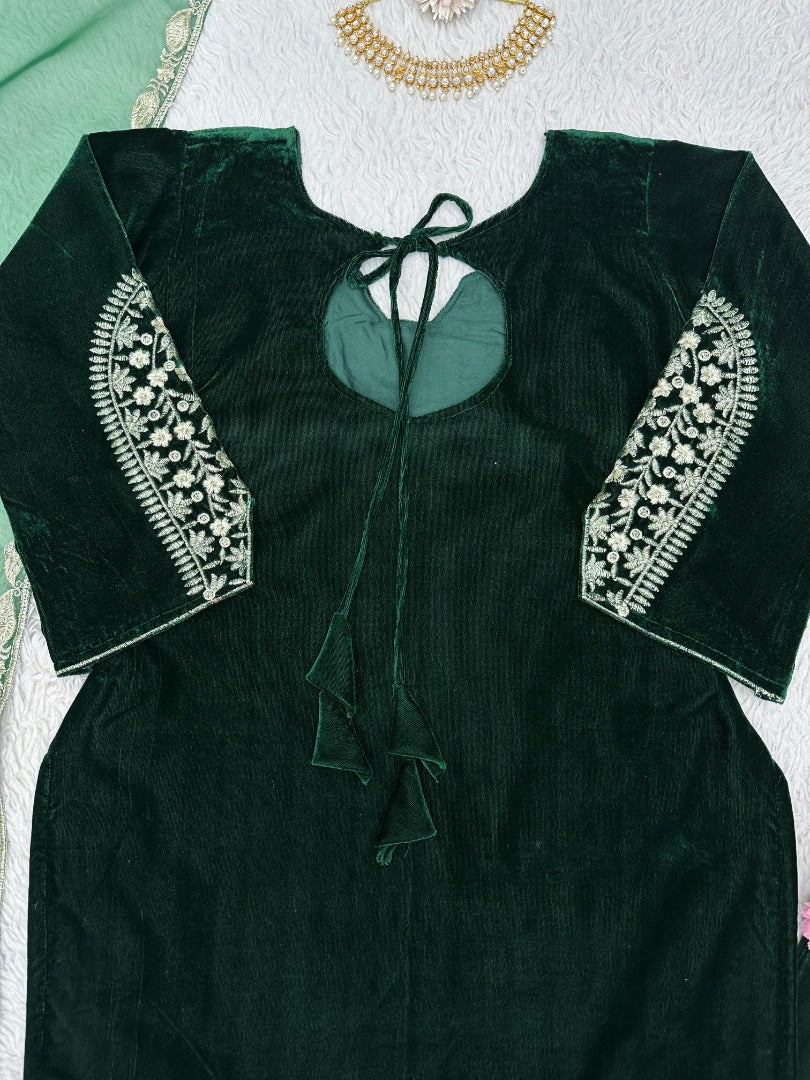 Green velvet thread work wedding salwar suit