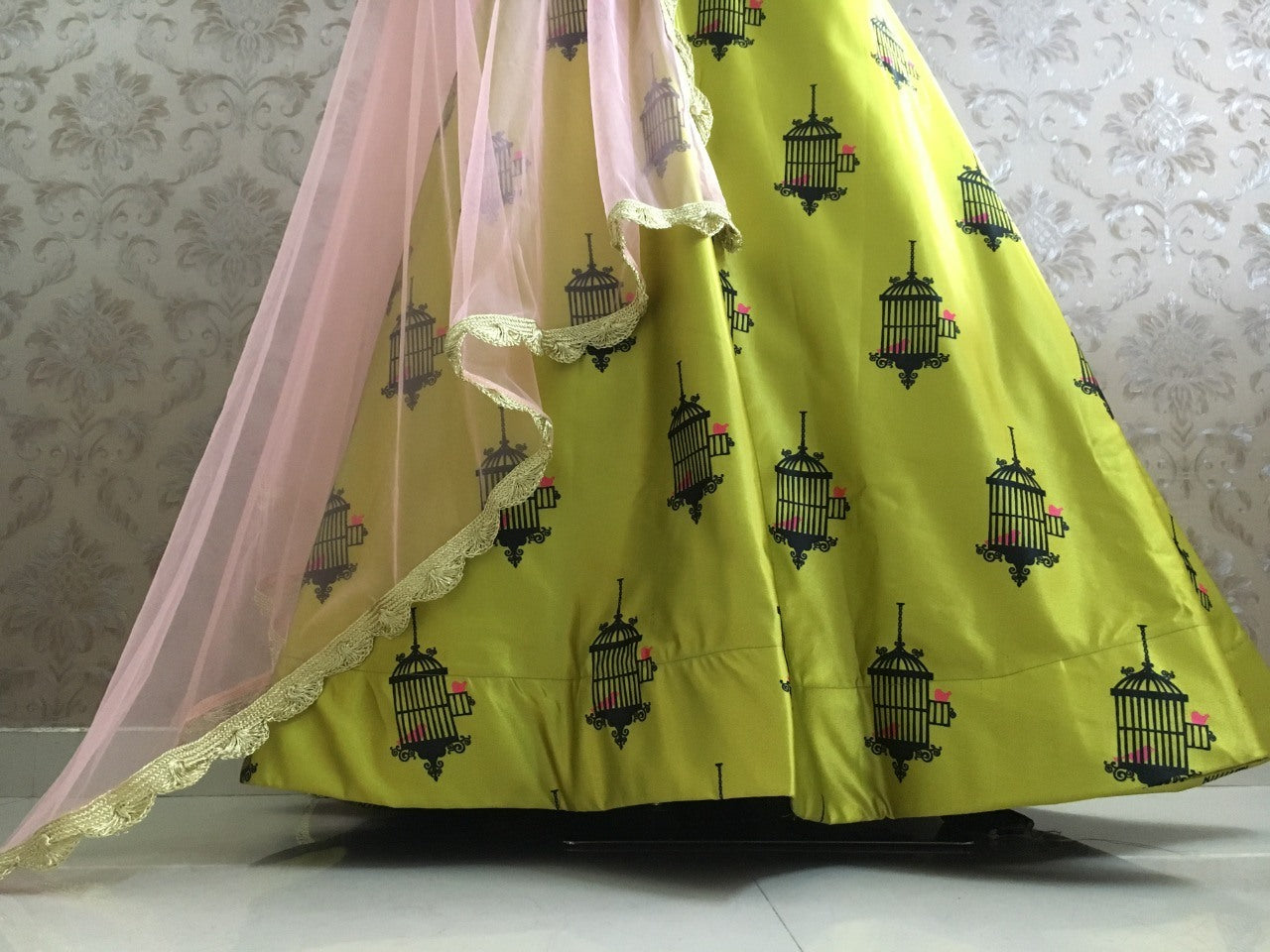 Green zari satin printed lehenga choli for mahendi ceremony