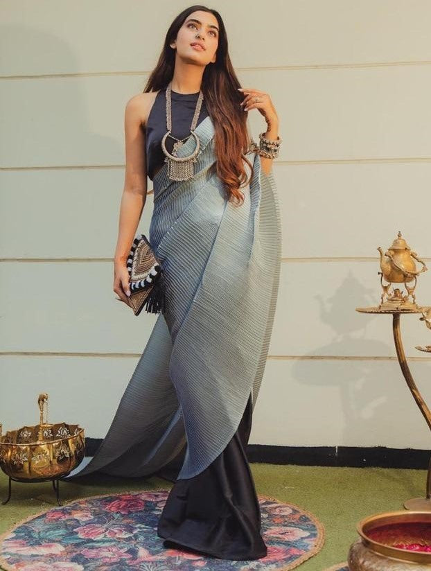 Grey and black crushed shiny silk designer half half saree