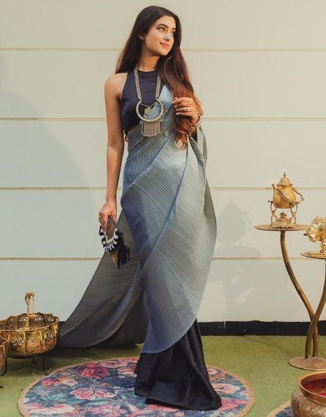 Grey and black crushed shiny silk designer half half saree