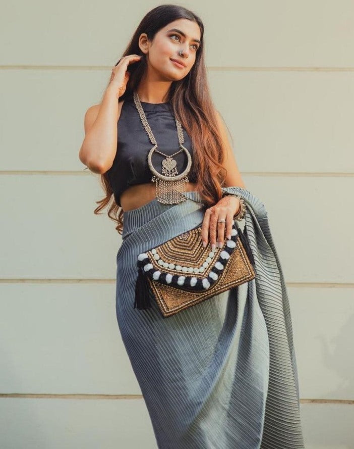 Grey and black crushed shiny silk designer half half saree