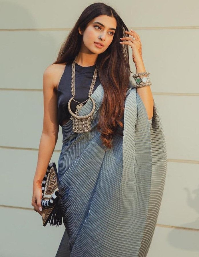Grey and black crushed shiny silk designer half half saree