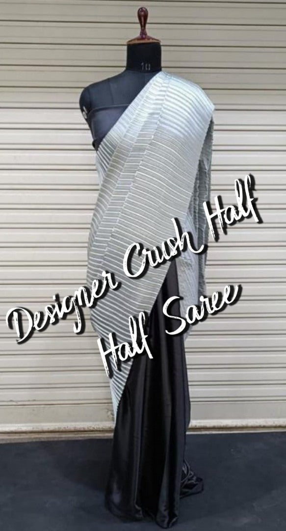 Grey and black crushed shiny silk designer half half saree