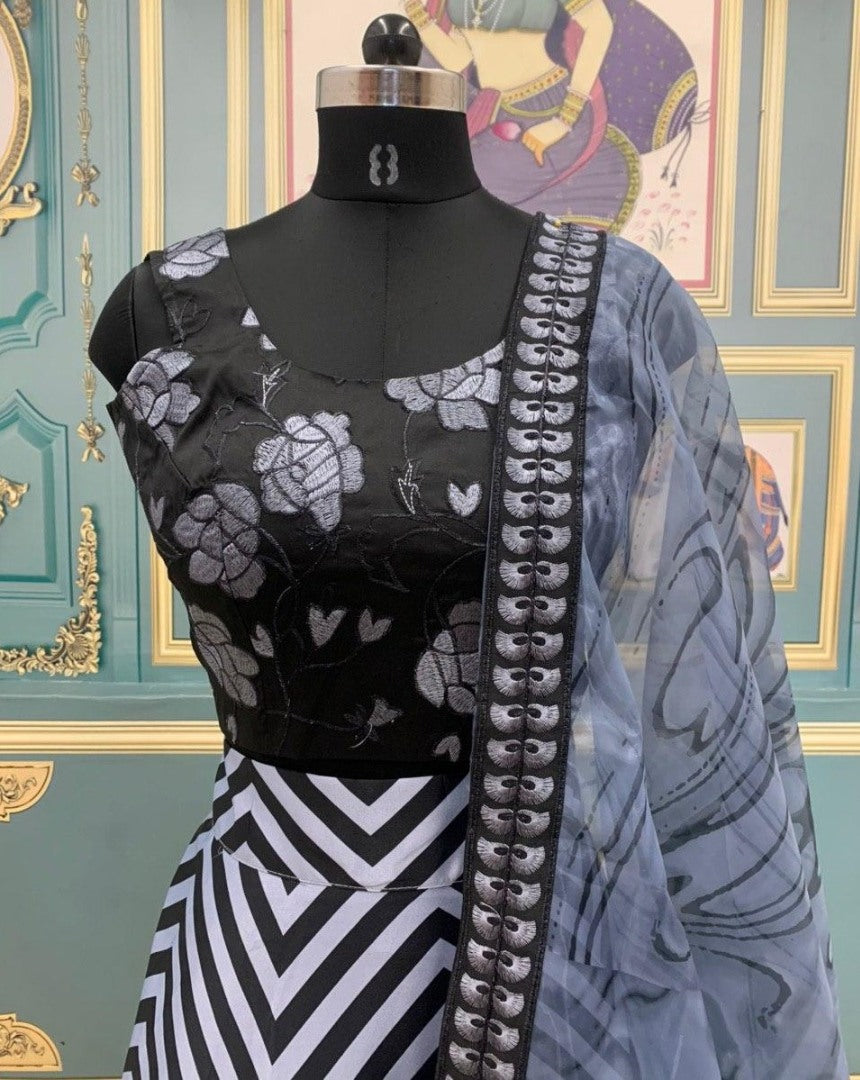 Grey and black zig zag digital printed lehenga choli