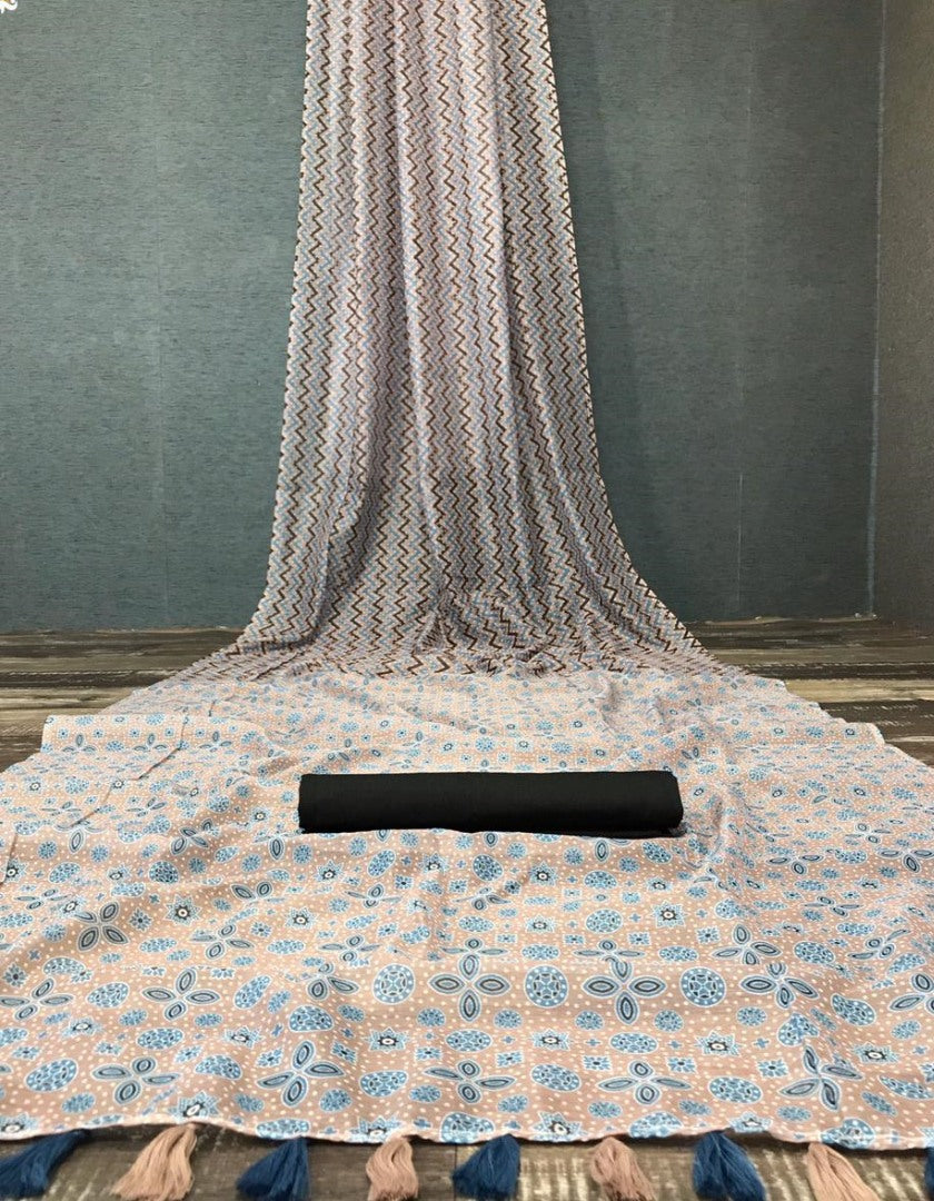 Grey chanderi linen digital printed cotton tussles work saree