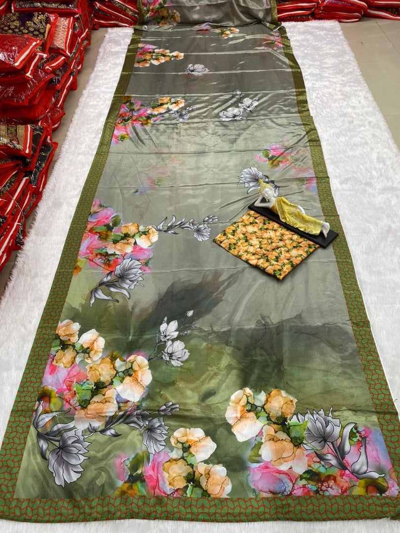 Grey chinon silk digital flower printed saree