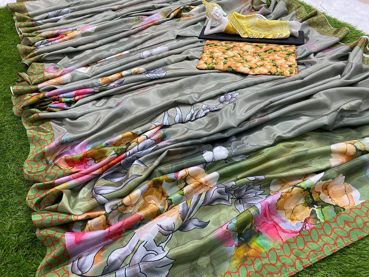 Grey chinon silk digital flower printed saree