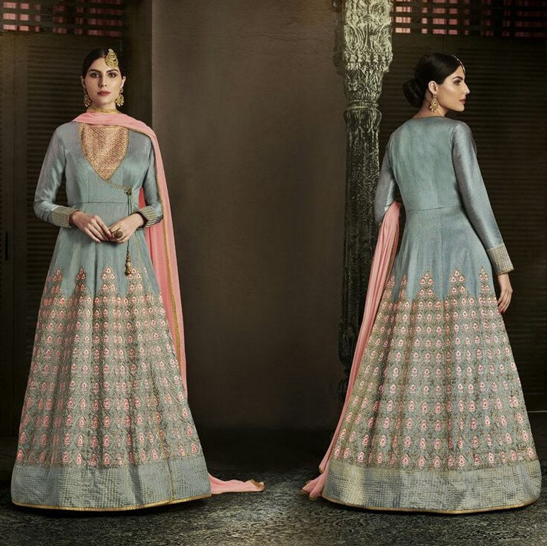 Grey Colored Slub Silk Embroidered Semi Stitched gown