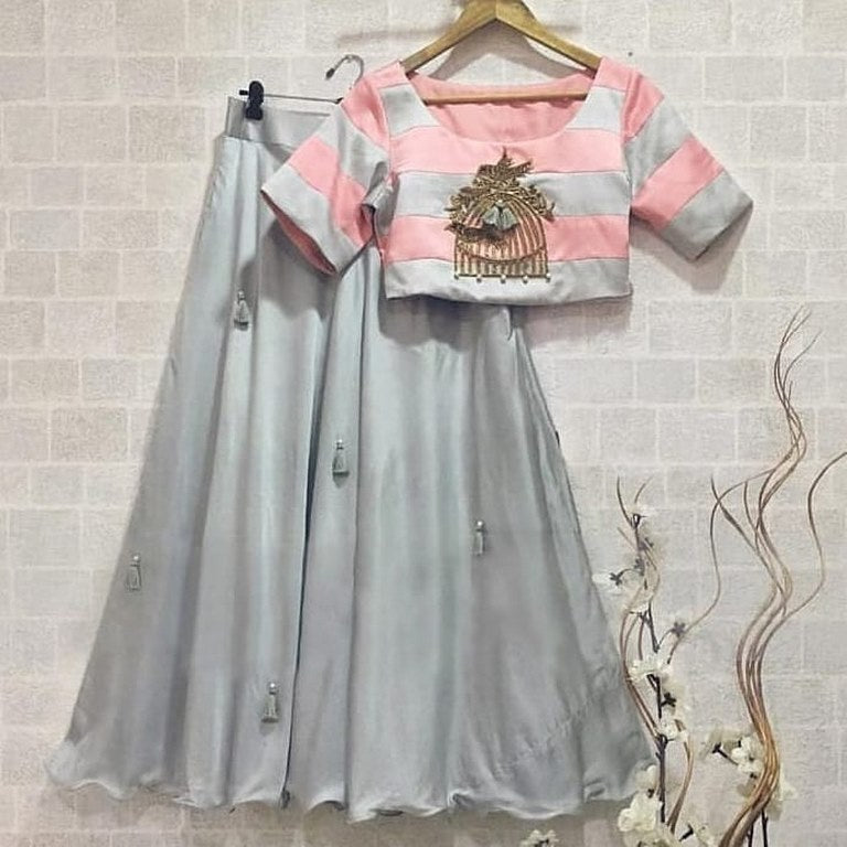 Grey crepe gorgeous pearl hand work partywear lehenga with dupatta