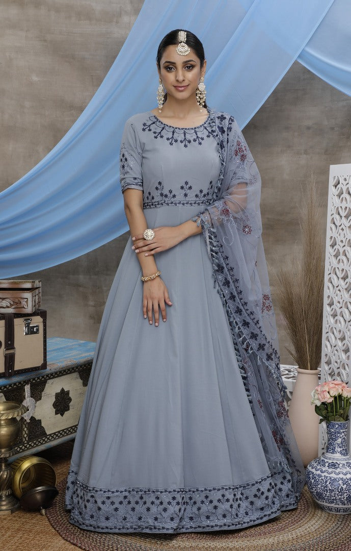 Grey diamond georgette embroidered anarkali gown