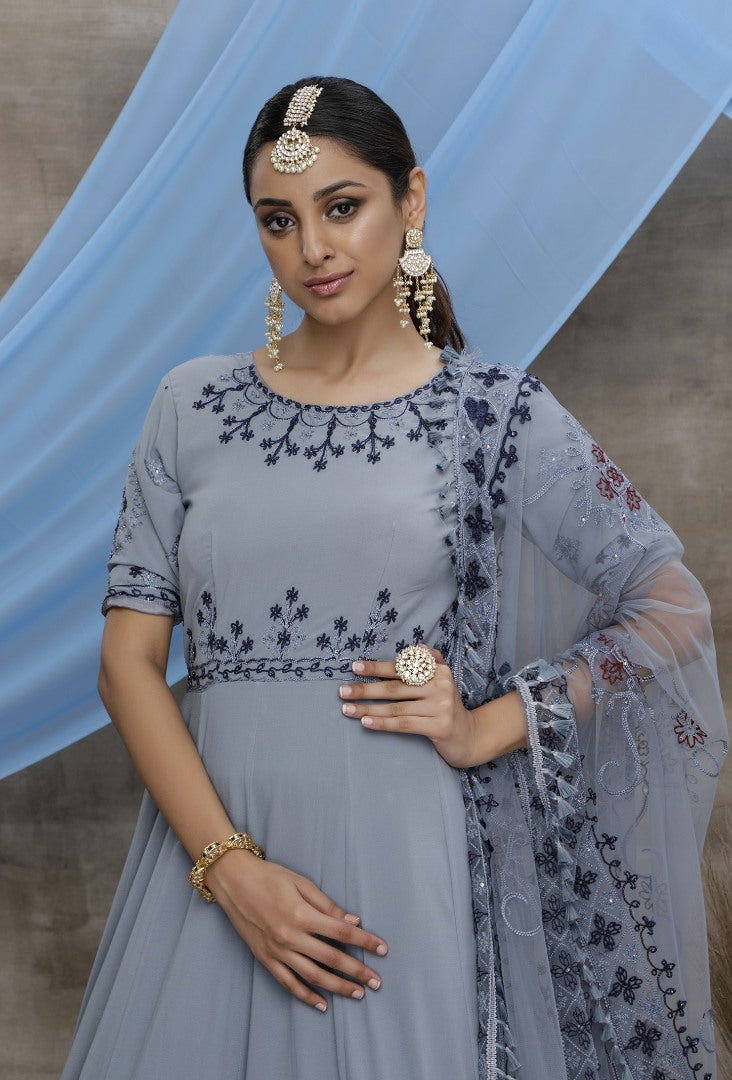Grey diamond georgette embroidered anarkali gown