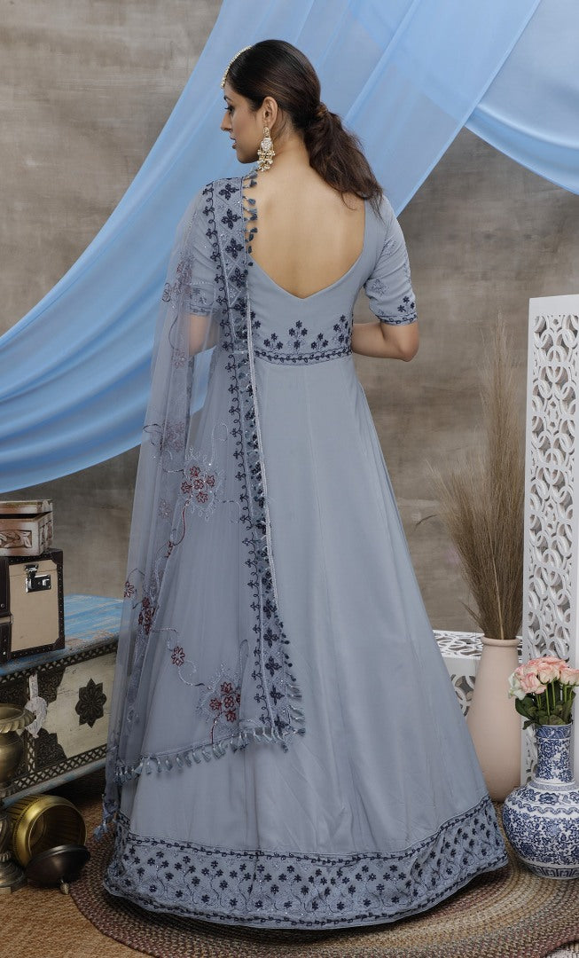 Grey diamond georgette embroidered anarkali gown