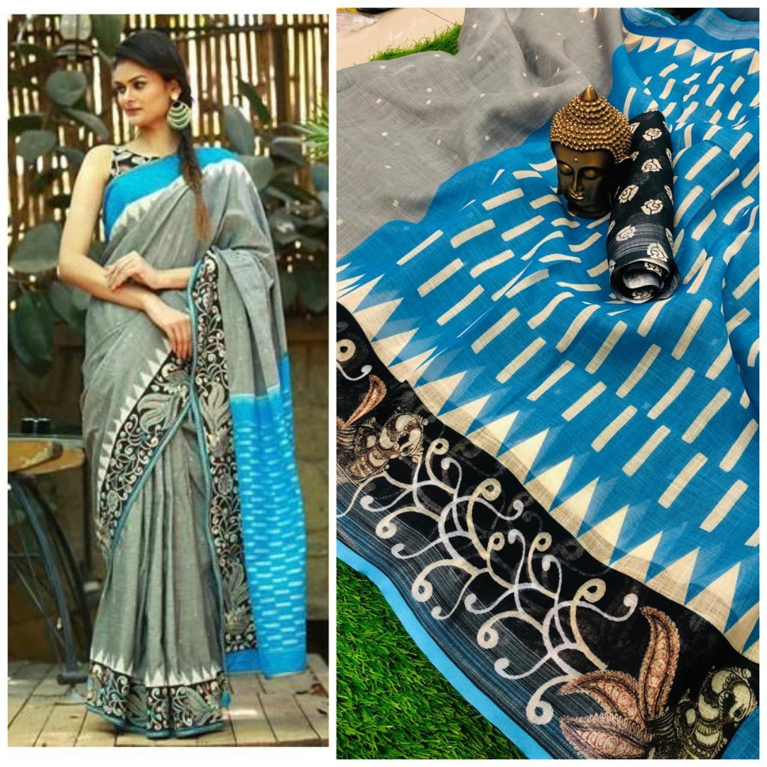 Grey digital printed linen festival saree