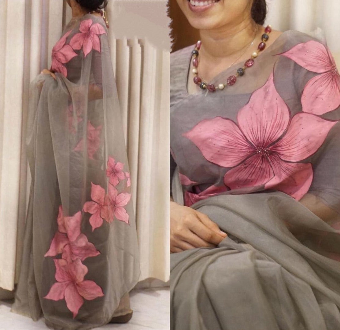 Grey floral printed organza saree