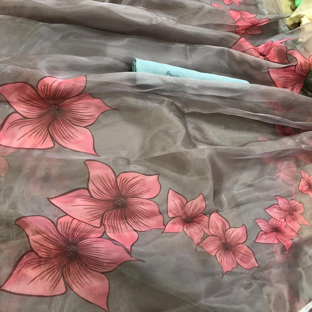 Grey floral printed organza saree