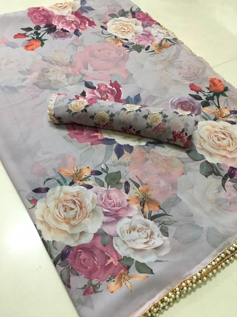 Grey floral printed pearl lace saree