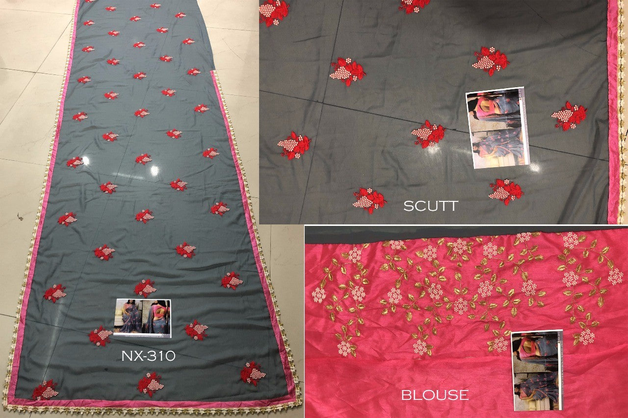 Grey georgette gorgeous multicolor threadwork saree