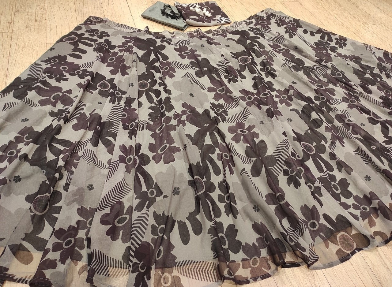 Grey georgette heavy digital printed lehenga with crop top