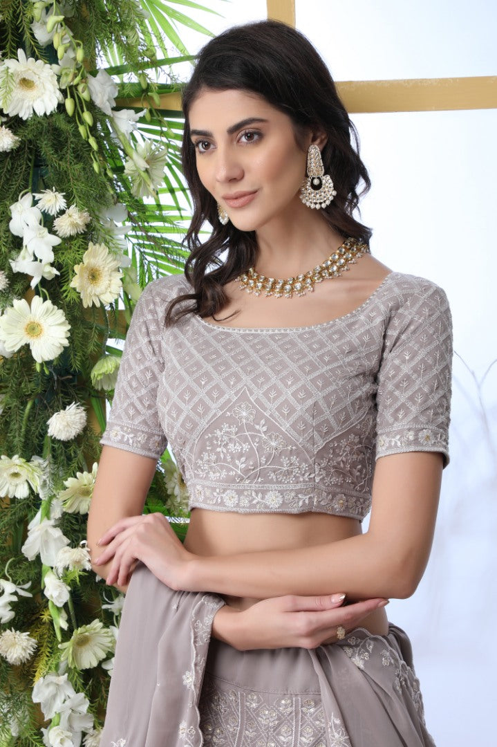 Grey georgette heavy embroidered wedding lehenga choli